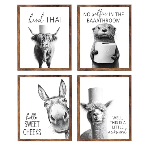 Funny Bathroom Wall Art Black and White Bathroom Signs Decor Rustic Donkey Cow Pictures Wall Decor Funny Animals Head on Tissue Paper Canvas Art Prints for Toliet Bedroom,Framed,8x10inchx4pcs - color: Animal Bathroom-Brown Frame