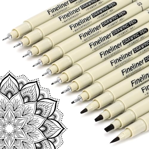 Micro Fineliner Black Drawing Pens,12 Waterproof Watercolor Painting Art Supplies Adults Anime Gifts Artist Fine Line Marker Archival Ink Micron Set Sketch Outline Manga Sketching Zentangle Teen Stuff