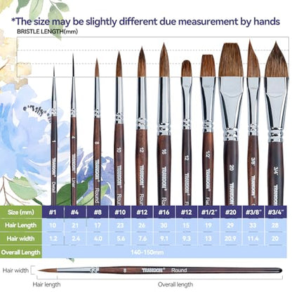 Transon 11pcs Sable Watercolor Brushes Professional Brush Set for Watercolor Painting Gouache Painting - color: Brown
