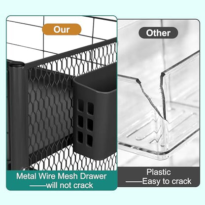3 Tier Rolling Storage Cart Metal Utility Cart with Wheels | Office Organizer with Hooks & Hanging Cups, Mobile Shelving Unit for Kitchen Nursery Craft Snack Book - color: Matte Black