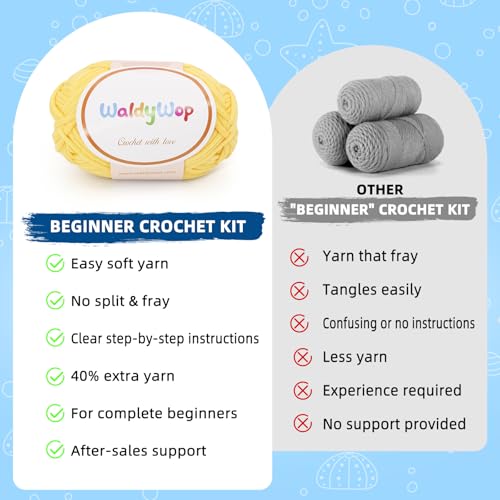 WaldyWop Crochet Kit for Beginners: 3Pcs Ocean Friends Wobbles Crochet Animal Kit for Starter Adults - Dly StressRelief Ball w/ 40% Extra Yarn, Easy Video & Instructions - Christmas Gift for Women - color: Star
