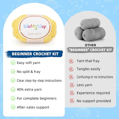 WaldyWop Crochet Kit for Beginners: 3Pcs Ocean Friends Wobbles Crochet Animal Kit for Starter Adults - Dly StressRelief Ball w/ 40% Extra Yarn, Easy Video & Instructions - Christmas Gift for Women - color: Star