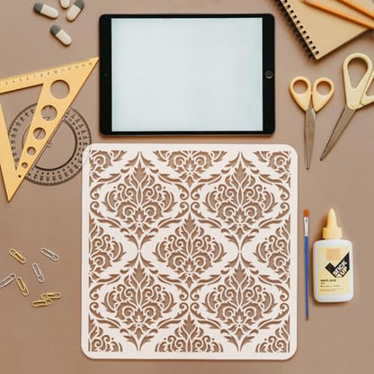 FINGERINSPIRE 9 Pcs Damask Painting Stencil with Brush 11.8x11.8inch Mandala Flower Drawing Template Flower Corner Border Pattern DIY Decoration Stencil for Painting on Wood Wall Fabric Furniture - style: Damask
