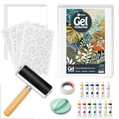 DINGSEN Gel Printing Plate Kit, Printmaking Set for Artists & Crafters | 5”X7”Gel Plate,Brayer, Watercolor Paints, A5 Printmaking Paper,and Essential Tools,for Mixed Media Art, Monoprinting