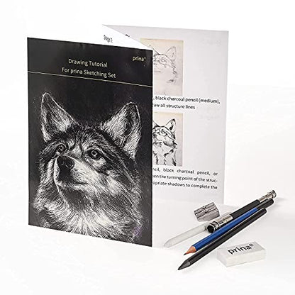 Prina 50 Pack Drawing Set Sketch Kit, Sketching Supplies with 3-Color Sketchbook, Graphite, and Charcoal Pencils, Pro Art Drawing Kit for Artists Adults Teens Beginner Kid, Ideal for Shading, Blending