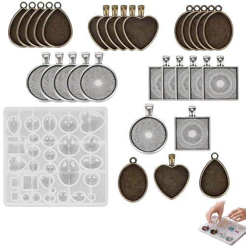 Resin Casting Mold Jewelry Making Kit with 30 Metal Pendant Trays and Silicone Mold, Heart Teardrop Round Oval Square Shapes for DIY Earrings Necklaces Bracelets Crafts Gifts