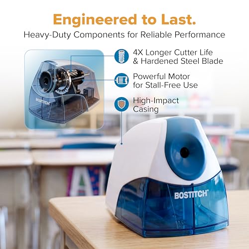 Bostitch Office Electric Pencil Sharpener for Classroom & Desk Use, Heavy-Duty Stall-Free Motor, High-Capacity Shavings Tray, Blue - color: Blue