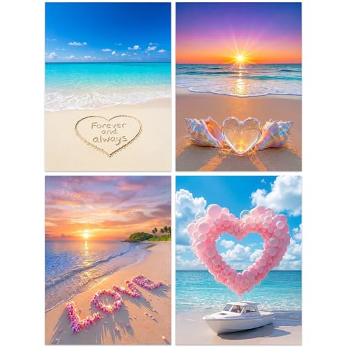 Lanzeyo Diamond Art Kits for Adults - 4 Pack Romantic Beach Ocean Diamond Painting Kits, Sunset Heart Seashell Gem Art Crafts, Beginner Friendly Full Drill Canvas for Home Wall Decor(12x16 inch) - color: 01 Beach