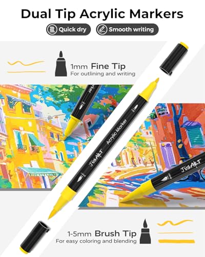 JusArt Acrylic Paint Markers 60 Colors, Dual Tip Art Supplies for Rock | Acrylic Markers for Kids, Paint Pens for Wood Glass Fabric, School Supplies & Classroom Must Haves, Great Gift for Artists. - color: Black Barrel- 60 Colors