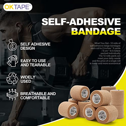 OK TAPE 12 Rolls Self Adhesive Bandage Wrap, Cohesive Elastic Athletic Tape - color: Beige, size: 2 Inch