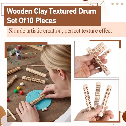 10 Styles Clay Texture Roller Bulk 4.3 X 0.6" 3D-Printed Clay Pottery Tools | Wooden Pottery Stamp Natural Color Handmade Potterys Tools and Supplies for DIY Handicrafts