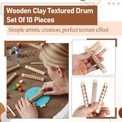 10 Styles Clay Texture Roller Bulk 4.3 X 0.6" 3D-Printed Clay Pottery Tools | Wooden Pottery Stamp Natural Color Handmade Potterys Tools and Supplies for DIY Handicrafts