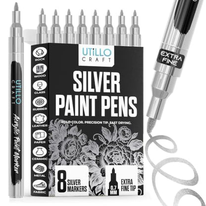 Utillo Craft Silver Paint Pen (8-Pack), 0.7mm Extra Fine Paint Markers - color: Silver