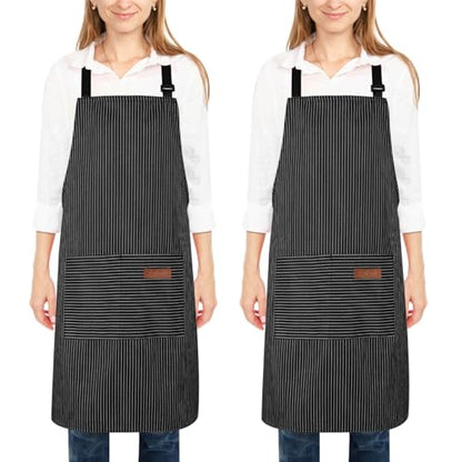 2 Pack Kitchen Cooking Aprons, Adjustable Bib Soft Chef Apron with 2 Pockets for Men Women - color: Black Stripes