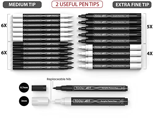 TOOLI-ART Black And White Acrylic Paint Markers Paint Pens Set For Rock Painting, Canvas, Mugs, Metal, Glass Paint, Fabric, Wood, DIY. Non Toxic, Quick Dry,Waterbas (EXTRA FINE & MEDIUM) - style: EXTRA FINE & MEDIUM