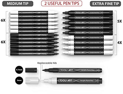 TOOLI-ART Black And White Acrylic Paint Markers Paint Pens Set For Rock Painting, Canvas, Mugs, Metal, Glass Paint, Fabric, Wood, DIY. Non Toxic, Quick Dry,Waterbas (EXTRA FINE & MEDIUM) - style: EXTRA FINE & MEDIUM