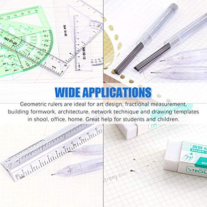 Glarks 16 Pieces Measuring Templates Building Formwork Stencils Geometric Drawing Rulers and Triangular Architect Scale Ruler with Pencil, Pencil Lead Refills, Eraser for Office and School
