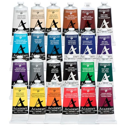 Grumbacher Academy Professional Acrylic Paint Set of 24 90ml Multi Colors - Metal Tubes - Heavy Body Professional Grade Artist Paint with Genuine and Pure Pigments - ASTM Lightfast Colors