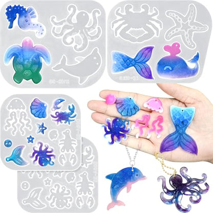 Resin Keychain Molds, Set of 4 Sea Life Key Chain Molds with Hole - color: 4 Pcs Ocean Resin Earring Molds