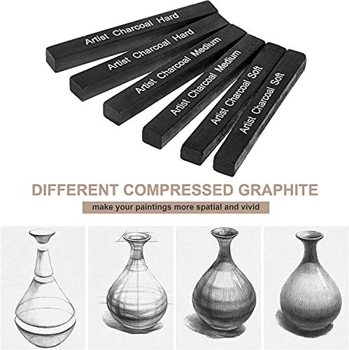 Artist Compressed Charcoal Stick Assorted Soft Medium Hard Artist Charcoal Medium for Drawing Sketching Shading, Art Supplies Sketch Kits Tools Pack of 6