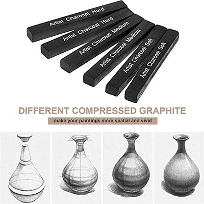 Artist Compressed Charcoal Stick Assorted Soft Medium Hard Artist Charcoal Medium for Drawing Sketching Shading, Art Supplies Sketch Kits Tools Pack of 6