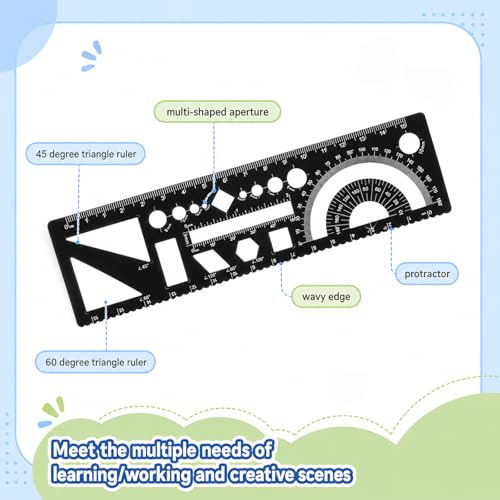 Multifunctional Geometric Ruler 15cm Geometric Drawings Stencils Rulers Aluminum Measuring Template with Protractor Straight Edge and Circle Shapes for Math Projects Black