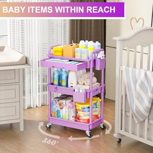 Goovilla 3 Tier Rolling Utility Cart Organizer with Removable Drawer,Purple | Stable and Sturdy Rolling Storage Carts with 2 Lockable Wheels for Bathroom, Kitchen, Snack, Craft, Makeup, Baby Essentials - size: 3 Tier, style: Purple