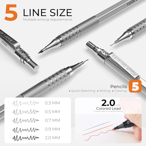 Four Candies Metal Mechanical Pencil Set, 4PCS 0.3, 0.5, 0.7, 0.9MM Mechanical Pencils & 2MM Drawing Pencil with 9 Tubes Lead Refills (4B 2B HB 2H Color) for Student Writing Artist Sketching - Silver - color: Silver, size: 0.3, 0.5, 0.7, 0.9, 2.0MM