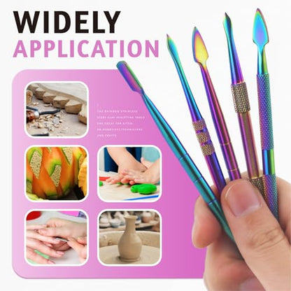 YETOOME 6 Pcs Wax Carving Tool Set with 5 ml Silicone Container and Portable Pink Metal Case, Double-Ended Carving Tool Stainless Steel Wax Sculpting Tools for Wood, Wax, Clay, Pottery, Rainbow Color