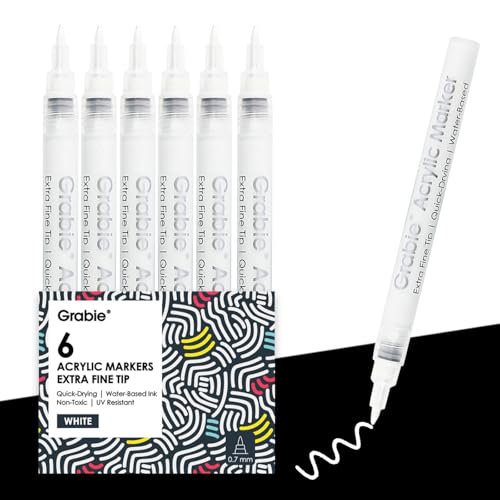 Grabie 6 White Acrylic Paint Markers, 0.7 mm Extra Fine Tip | Bright White Coverage, Ultra Fine Detailing, Fast Drying Acrylic Ink, Crisp Highlights, Smooth Writing, Ideal For Artists - color: 6 White Acrylic Markers