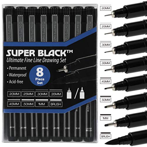 Creative Mark Ultimate Fine Line Drawing Pens Super Black, Permanent, Waterproof, & Acid-Free Assorted Tips and Large Brush Pen - [Fineliners and Sketch Set of 8]