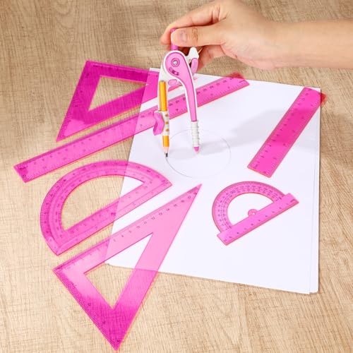Zonon 1 Set Plastic Geometry Math Set 7 Pcs Includes 6'' / 4 '' Protractor, Drawing Compass, 45/60 Degree Triangle Rulers, 12'' / 6'' Math Ruler Transparent for Office Supplies(Pink) - color: Pink