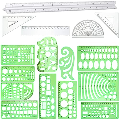 Zonon 16 Pcs Geometric Drawing Templates Kit, Drafting Stencils Measuring Rulers 12 Inch Aluminum Architect Scale Building Geometric Plastic Ruler for Design School Studying Office Building