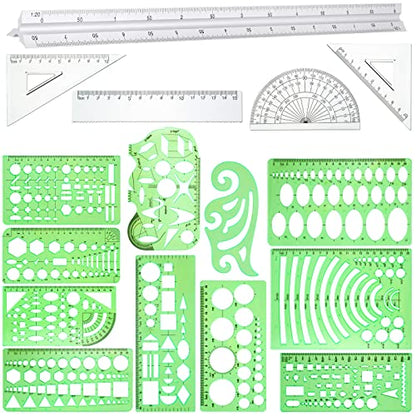 Zonon 16 Pcs Geometric Drawing Templates Kit, Drafting Stencils Measuring Rulers 12 Inch Aluminum Architect Scale Building Geometric Plastic Ruler for Design School Studying Office Building