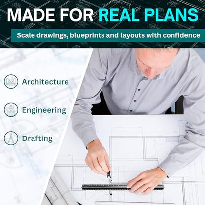 Architectural Scale Ruler and Engineering Scale Ruler Set, 12-Inch, 3-Piece | Architect and engineer scale ruler set with a 12-inch stainless steel ruler for drafting, blueprints and construction plans
