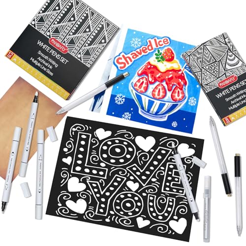 PANDAFLY 12 Pack White Pens Set, White Gel Pens, Dual-Tip Acrylic Paint Pen | Opaque Brush Tip Acrylic Markers for Black Paper Drawing, Sketching, Illustration & Card Making, Bullet Journaling