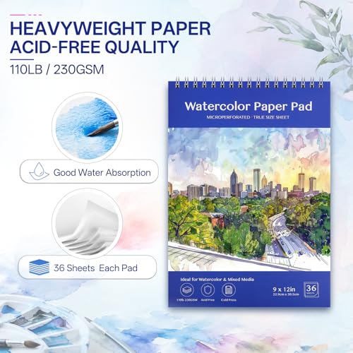 Beznh Watercolor Paper Pad 9x12 Inches,36 Sheets 110lb/230G Cold Press Watercolor Paper, Acid Free Watercolor Sketchbook for for Acrylic, Gouache & Pencil, Art Supplies for Adults Kids