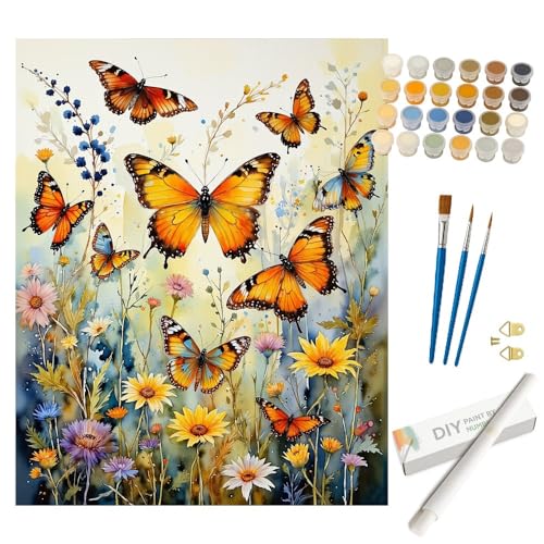 Floral Paint by Numbers Kit for Adults - DIY Orange Butterflies and Wildflowers Painting on Rolled Canvas 16x20 Inches, Acrylic Paint Set, Suitable for Beginners, Art for Home Decoration or Gifts - color: HSX00562, size: 16X20IN Rolled