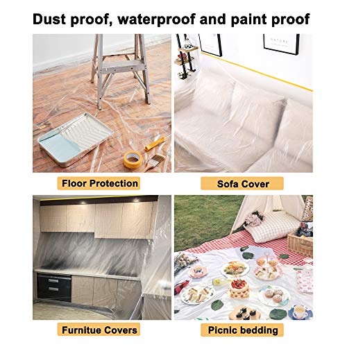 Muf 2 x 65 Feet Plastic Drop Cloth Plastic Sheeting with Masking Tape,Waterproof Protective Masking Film,Prevent Dust Paint for Car,Furniture,Carpet,Floor,2 Pack - size: 2 × 65 feet