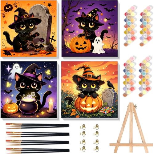 Arttoplus 4 Pack Halloween Paint by Numbers Kit for Kids with Frame 8x8in | Black Cat Kids Paint by Numbers Ages 4-8-12 with Wooden Easel, Easy Cute Oil Painting by Number for Gift Home Wall Decor - color: BKH2604+BKH2605+BKH2606+BKH2607-US