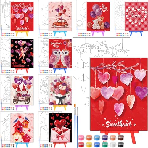 Blosssound 10 Set Valentine's Day Pre Printed Canvas Heart Pre Drawn Canvas Painting with Easel Kits 5" x 7" Outline Painting Panels for Beginners, DIY Craft Project, Home Decors - style: Heart
