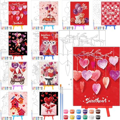 Blosssound 10 Set Valentine's Day Pre Printed Canvas Heart Pre Drawn Canvas Painting with Easel Kits 5" x 7" Outline Painting Panels for Beginners, DIY Craft Project, Home Decors - style: Heart