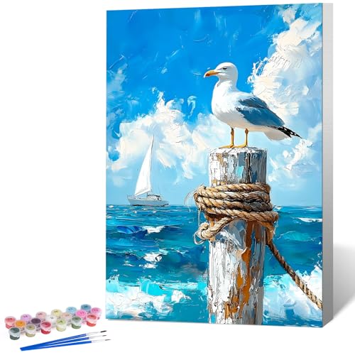 Framed Paint by Numbers Kit for Adults, Seagull Ocean Decor 8x12 Inch | Paint by Number with Frame, DIY Acrylic Painting Kit for Relaxation, Easy for Beginners, Wall Decor Gift for Bird Lovers - color: OPFUS2512-03
