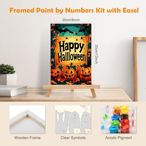 MOGTAA Happy Halloween Paint by Numbers Kit for Adults Beginners with Frame, Ghost Adult Paint by Number Kits on Canvas with Easel, Easy DIY Pumokin Oil Painting Kits for Home Decor, 8x12in - color: Happy Halloween