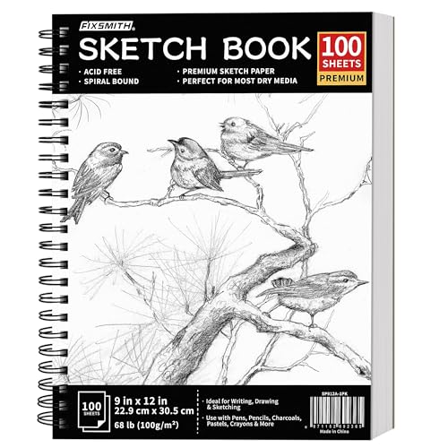 FIXSMITH 9"X12" Sketch Book, 100 Sheets, 68 lb/100gsm Sketchbook, Black | Acid Free Drawing Paper | Spiral Bound Artist Sketch Pad | for Kids, Beginners, Artists & Professionals | Bright White - color: Black, size: 9"x12"-1 Pack