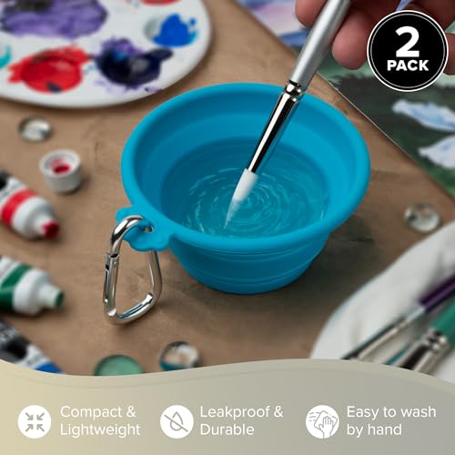 Silver Brush Limited Silver Essentials Paintbrush Water Bowl, 250ml/8.5oz | 2 Pack, Watercolor, Watermedia, Round, Reusable Artist Water Cup, Collapsible, With Carabiner Clip, Leak-proof, Silicone - size: 250ml