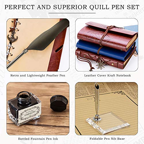 GCCL Quill Pen and Ink Set, Antique Feather Dip Calligraphy Pen Set, including Feather Pen, 5 Replacement Nibs, Pen Nib Base, Notebook, Ink, Gift Box, Best Gifts for Men Dad (Grey) - color: Grey