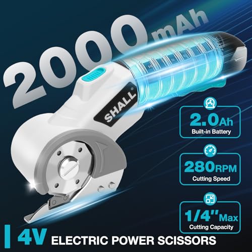 SHALL 4V Cordless Electric Scissors, Rechargeable Cardboard Cutter Rotary Electric Box Cutter w/Safety Lock, LED Light & Replacement Blade for Fabric, Leather, Carpet, Cardboard & Plastic, White/Blue - color: White