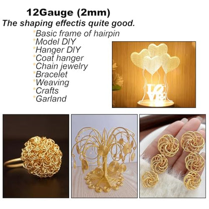 12 Gauge(2mm) Aluminum Wire 35 Yards Anodized Metal Wire for Bonsai Armature Crafting Sculpting Jewelry Craft Making Beading Floral (Gold, 12 Gauge) - color: Gold