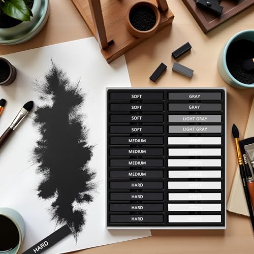 24 Pcs Compressed Charcoal Sticks with Soft, Medium, Hard and White Charcoal, Square Charcoal Stick Kit for Drawing, Sketching and Shading (12 Black + 4 Gray + 8 White) - color: 12 Black + 4 Gray + 8 White